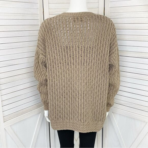 Express 90s Vintage Hand Knit Oversized Chunky Sweater Tan Taupe Medium V Neck - Picture 4 of 11